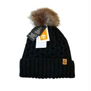 NWT Timberland Black Knit Beanie Hat Toque with Pom-Pom and Fleece Lining. O/S.